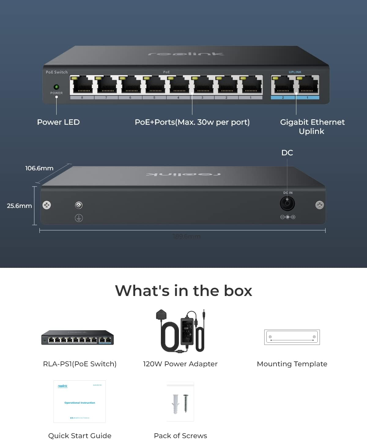 8 PoE Ports, 2 Gigabit Uplink Ports, 120W for All PoE Ports