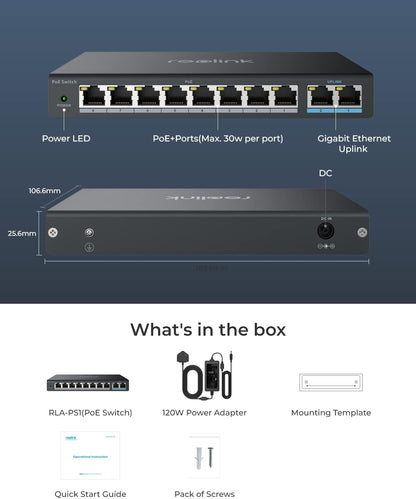 8 PoE Ports, 2 Gigabit Uplink Ports, 120W for All PoE Ports